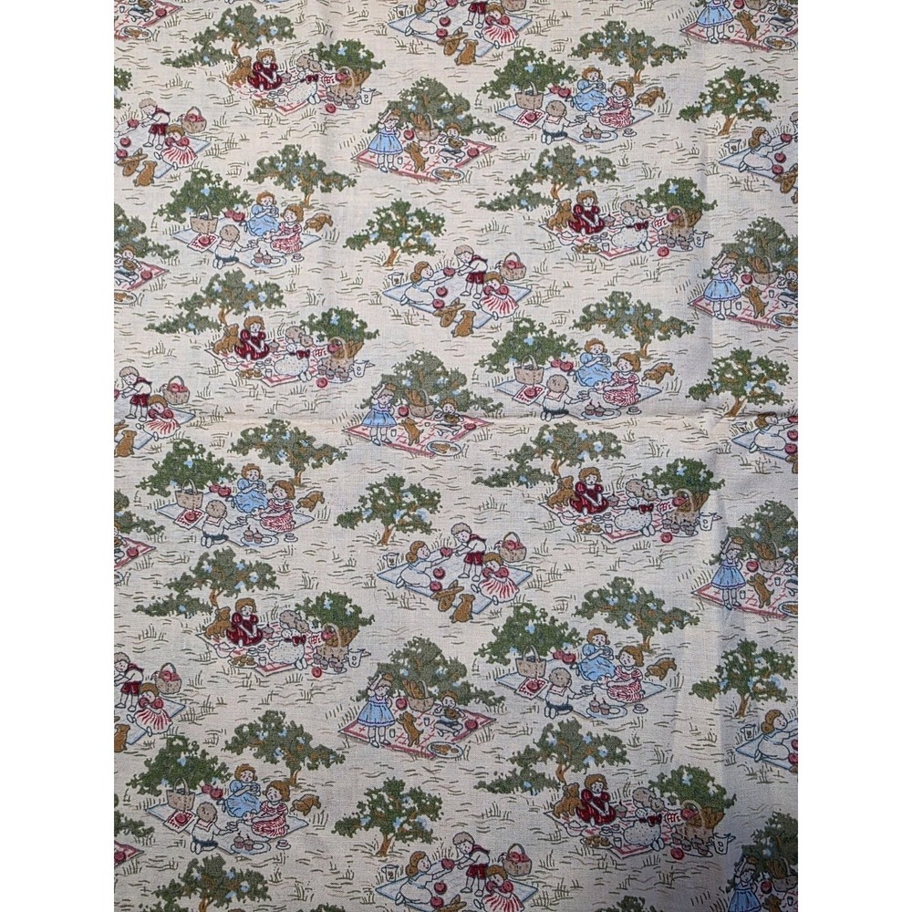 WHIMSICAL RETRO CHILDREN PICNICING COTTON FABRIC 3/4 YD. F17 - Picture 1 of 5